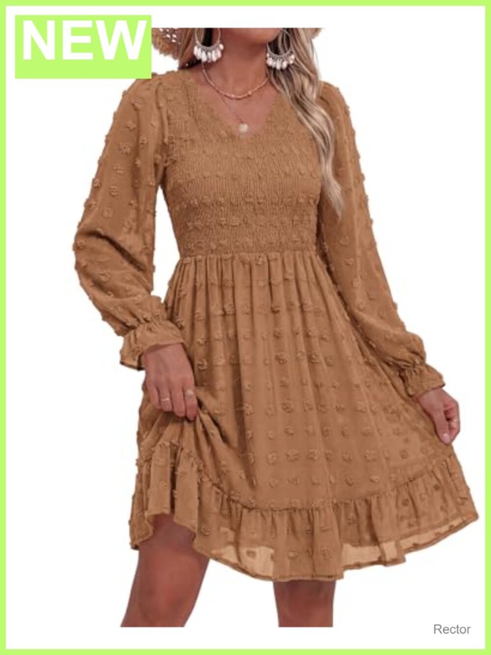 Women's Swiss Dot Chiffon Flowy Long Sleeve Dress with Ruffle Cuffs - Picture 5 of 6
